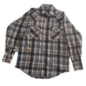 Plains Western Wear Long Sleeve Pearl Snap Men's Size M Tan Black Maroon Plaid